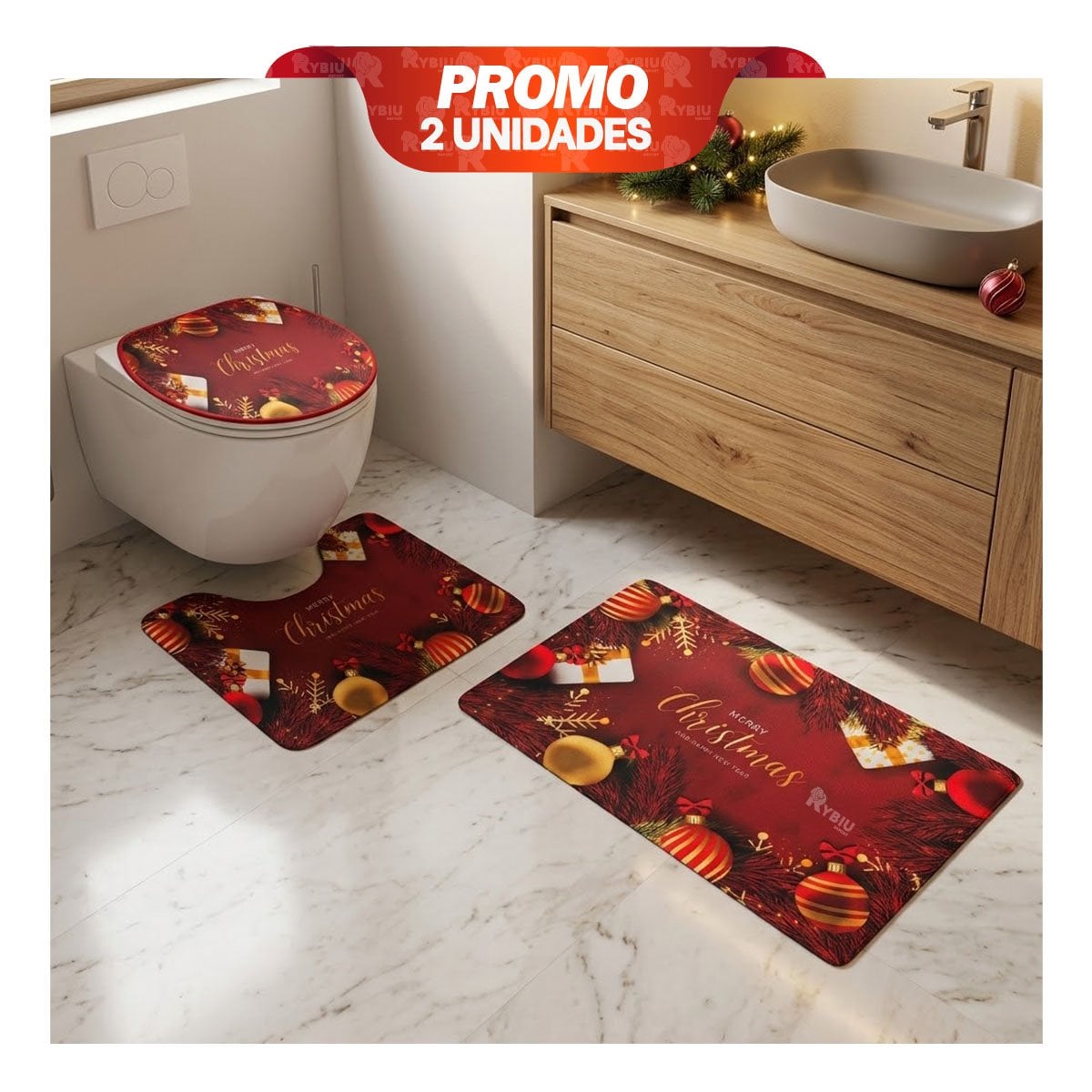 PACK2 COMBO PARA BANO RAMAS Y BOLAS GUINDA 3 PIEZAS NAVIDENAS ALEGRE YREGALO STICKER - 1