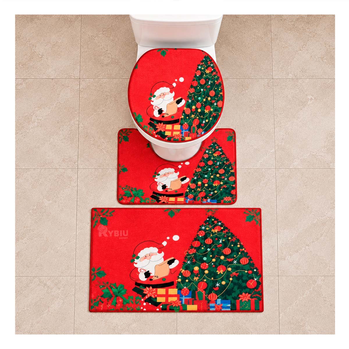 PACK2 COMBO PARA BANO RAMAS Y BOLAS GUINDA 3 PIEZAS NAVIDENAS DIVERTIDO YREGALO STICKER - 3