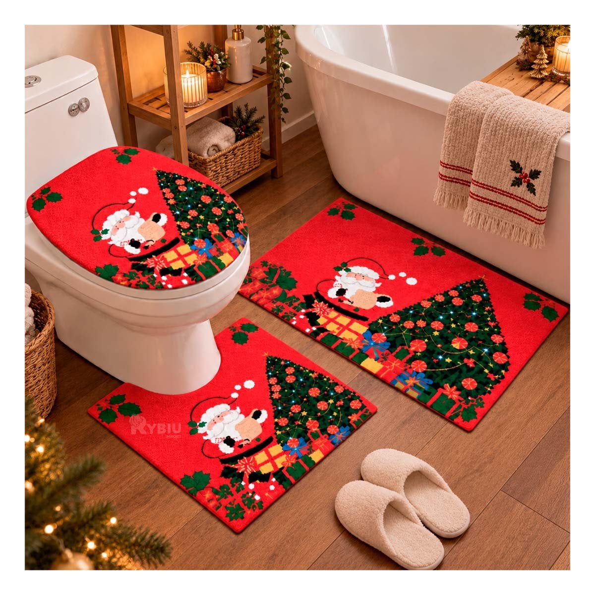 SET PARA BANO GUINDA 3 PIEZAS RAMAS Y NAVIDENAS BOLAS HOGAR - 1