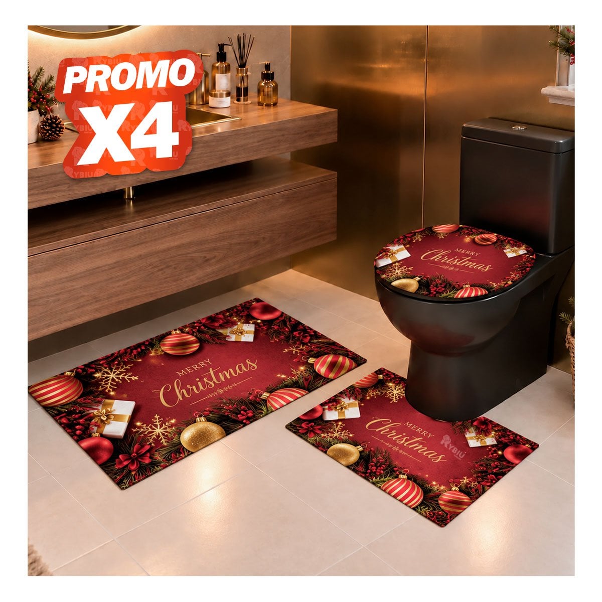 PACK4 PACK PARA BANO GUINDA 3 PIEZAS RAMAS Y BOLAS NAVIDENAS ELEGANTE YREGALO STICKER - 1