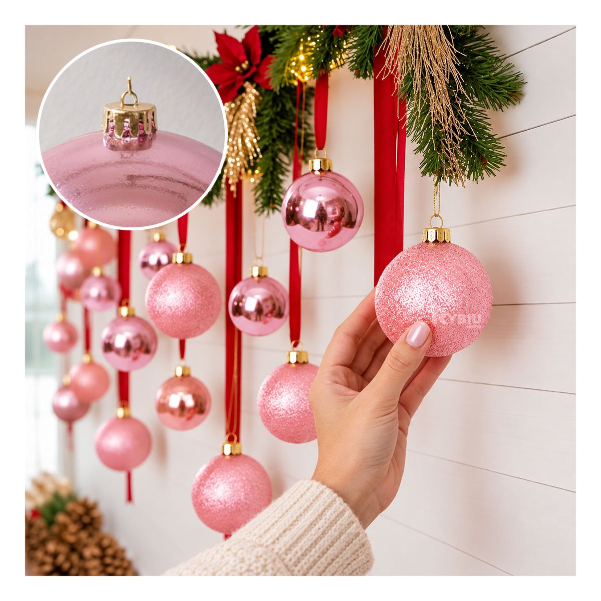 PACK2 IMPLEMENTO DECORATIVOS PARA HOGAR EN NAVIDAD ROSADO BRILLANTE Y ESCARCHADO YPAPEL REGALO - 3