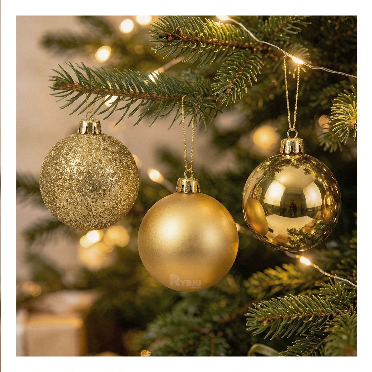 BOLAS DE ARBOL PARA DECORAR PINO NAVIDEÑO DORADO BRILLANTE Y ESCARCHADO YREGALO STICKER - 1