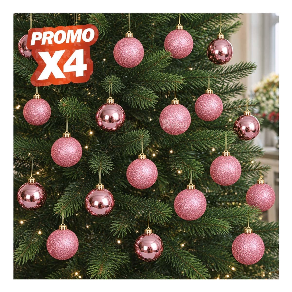 PACK4 ORNAMENTOS PARA DECORAR ARBOL NAVIDEÑO ROSADO BRILLANTE Y ESCARCHADO YREGALO STICKER - 1