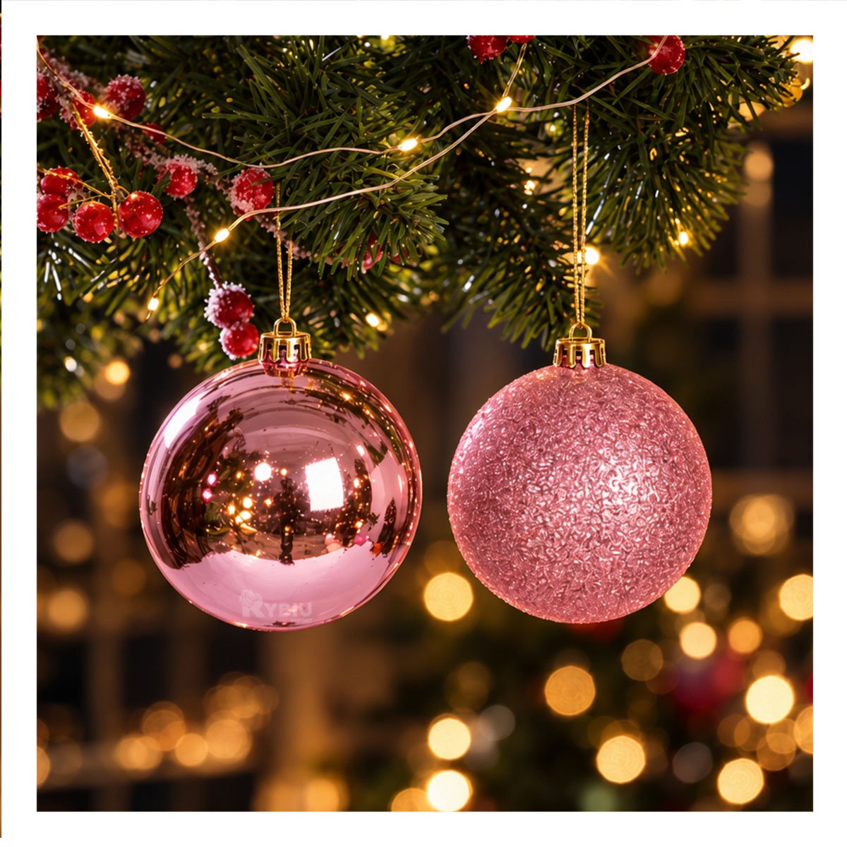 PACK4 ORNAMENTOS PARA DECORAR ARBOL NAVIDEÑO ROSADO BRILLANTE Y ESCARCHADO YREGALO STICKER - 3