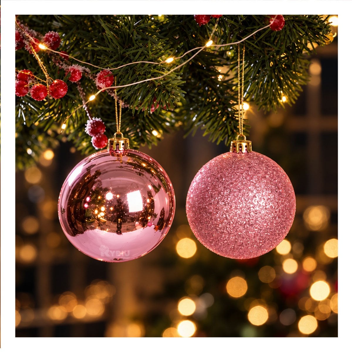 ESFERAS PARA DECORAR PINO NAVIDEÑO EN SALA ROSADO BRILLANTE Y ESCARCHADO YREGALO STICKER - 1