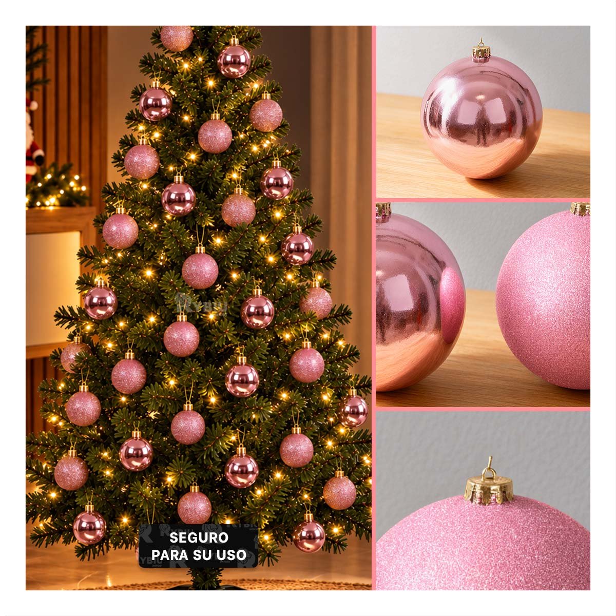 ESFERAS PARA AMBIENTE NAVIDEÑO EN CASA Y SALA ROSADO BRILLANTE Y ESCARCHADO YPAPEL REGALO - 3