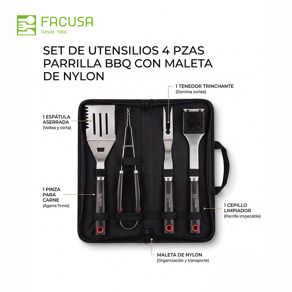 SET DE UTENSILIOS 4 PZAS PARRILLA BBQ CON MALETA DE NYLON - 2