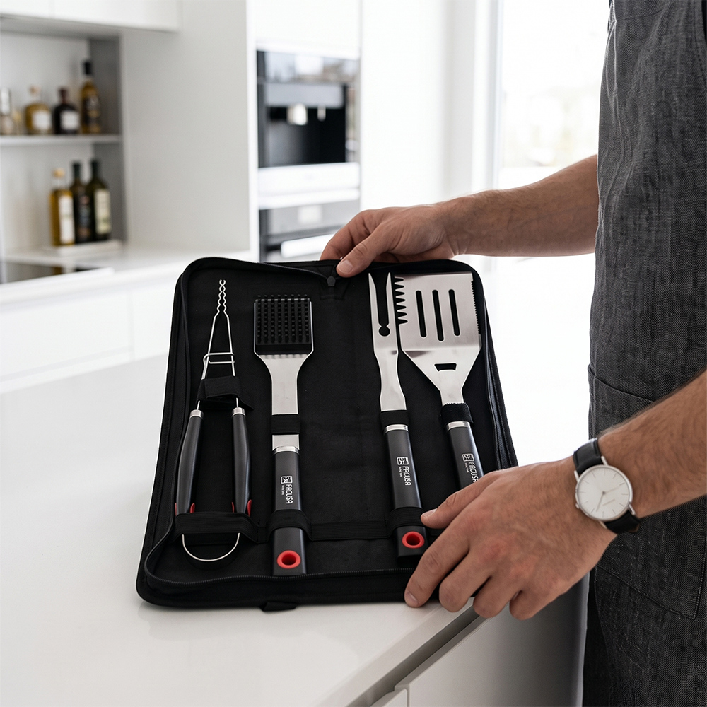 SET DE UTENSILIOS 4 PZAS PARRILLA BBQ CON MALETA DE NYLON - 7