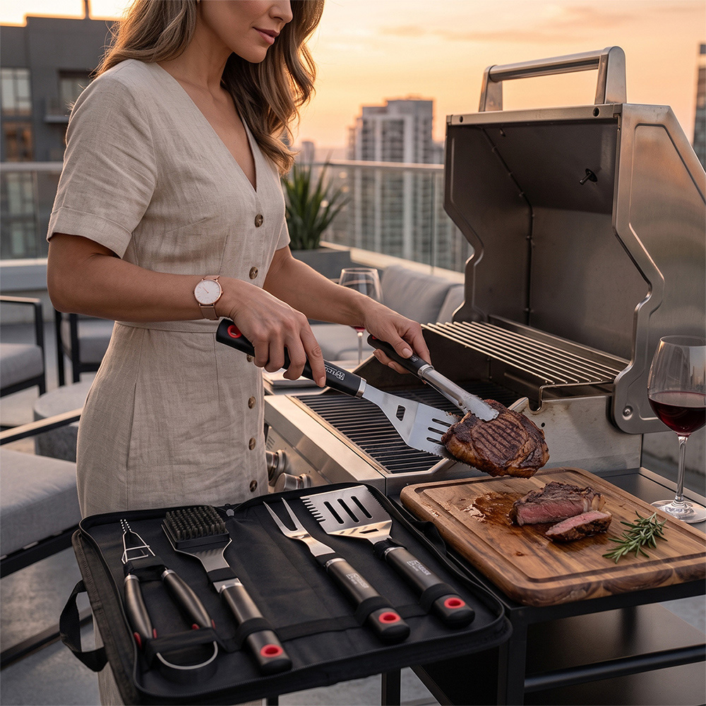 SET DE UTENSILIOS 4 PZAS PARRILLA BBQ CON MALETA DE NYLON - 9