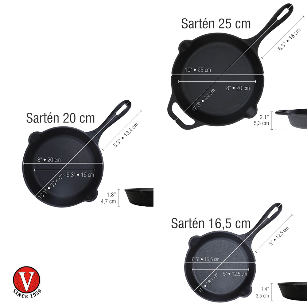 SET 3 SARTENES 16,20,25 CM HIERRO FUNDIDO CURADO VICTORIA - 5