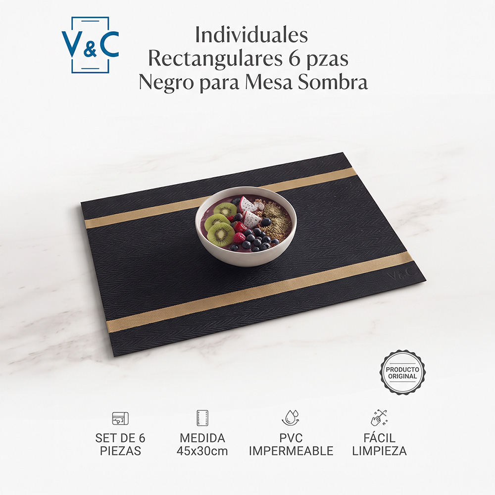 INDIVIDUALES RECTANGULARES 6 PZAS NEGRO PARA MESA SOMBRA - 6