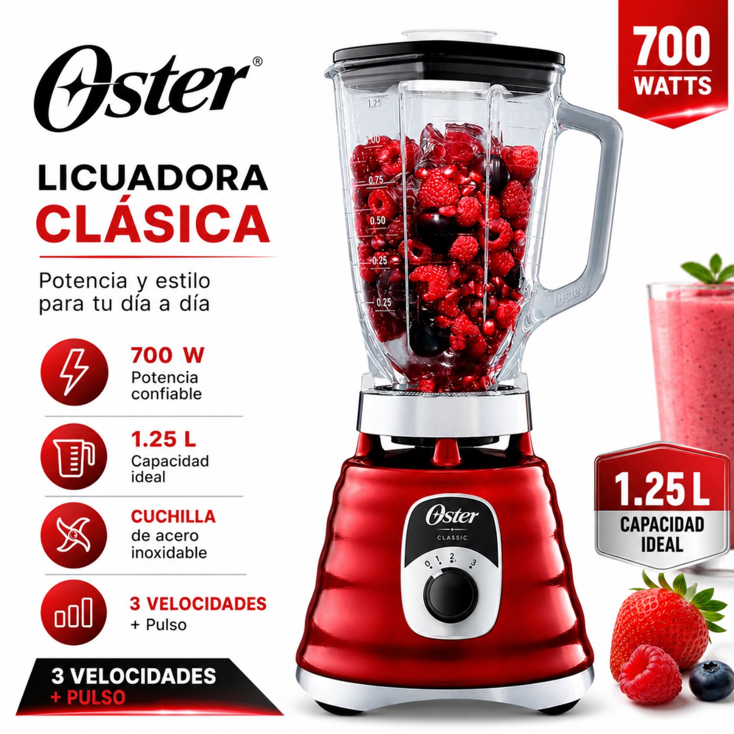 LICUADORA OSTER 1.25LT BLST4126R ROJO - 1