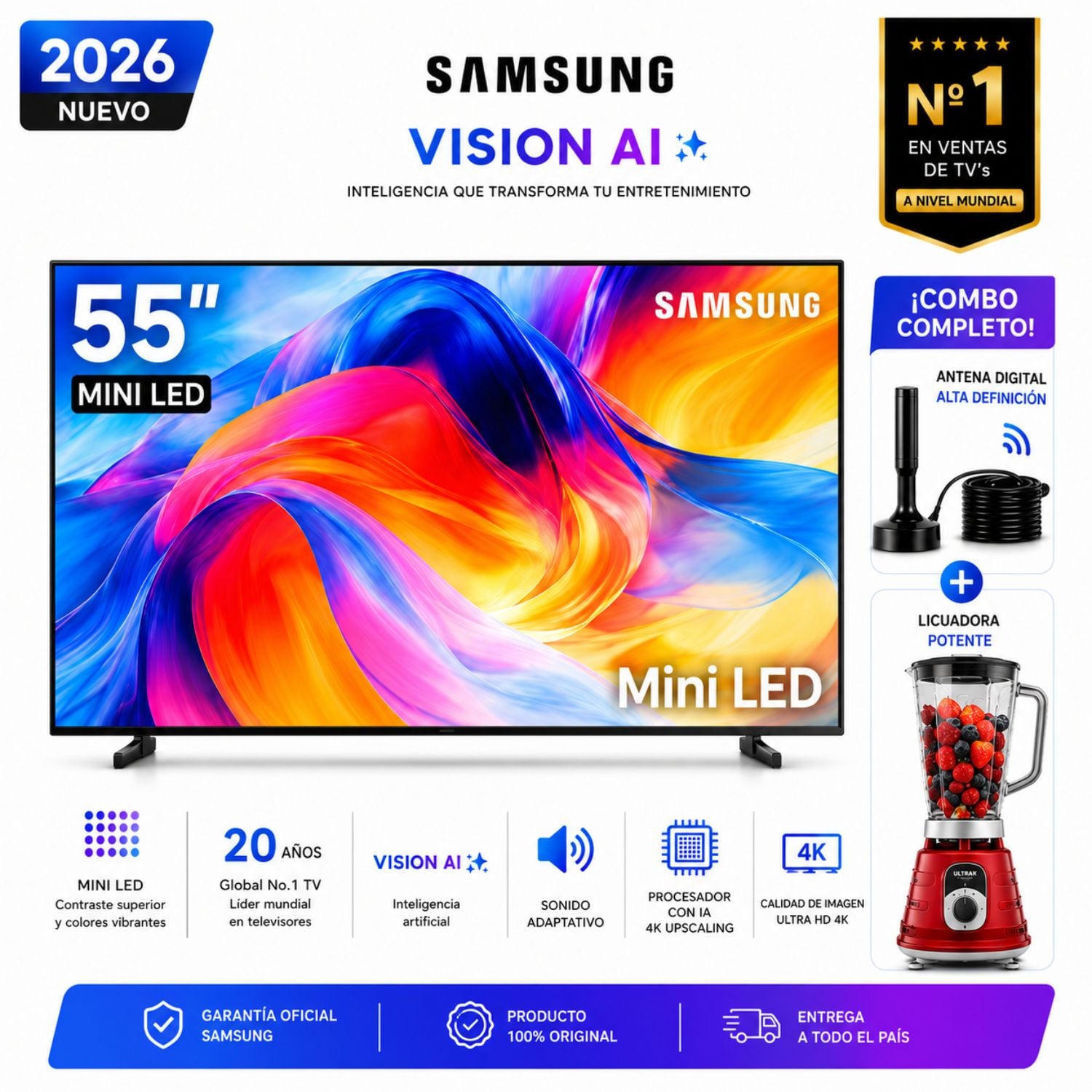 TELEVISOR SAMSUNG MINI LED 55 UHD 4K SMART TV UN55M70HAGXPE + ANTENA DIGITAL + LICUADORA OSTER - 1