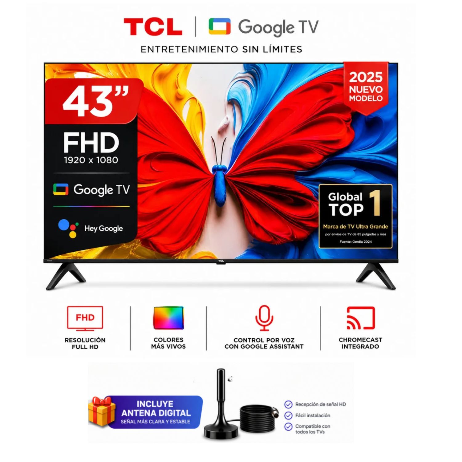 TELEVISOR TCL QLED 43 FULL HD SMART TV 43S5K + ANTENA DIGITAL - 1