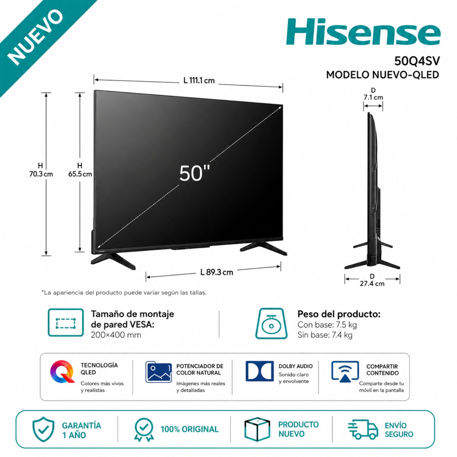TELEVISOR 50'' QLED HISENSE FHD VIDAA 50Q4SV 2025 - 2