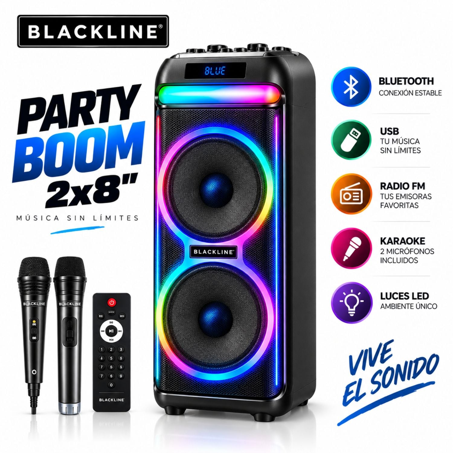 PARLANTE TORRE BLACKLINE 2X8 50W BLUETOOTH CON LUCES LED - 1