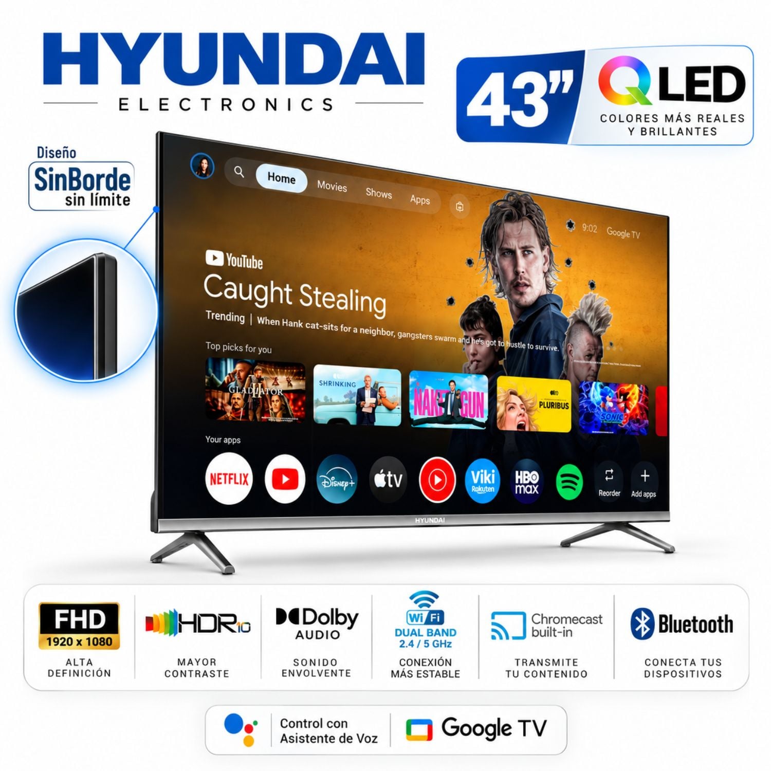 TELEVISOR HYUNDAI 43' QLED SMART TV FHD GOOGLE TV HYLED4326QG + ANTENA DIGITAL + RACK - 3