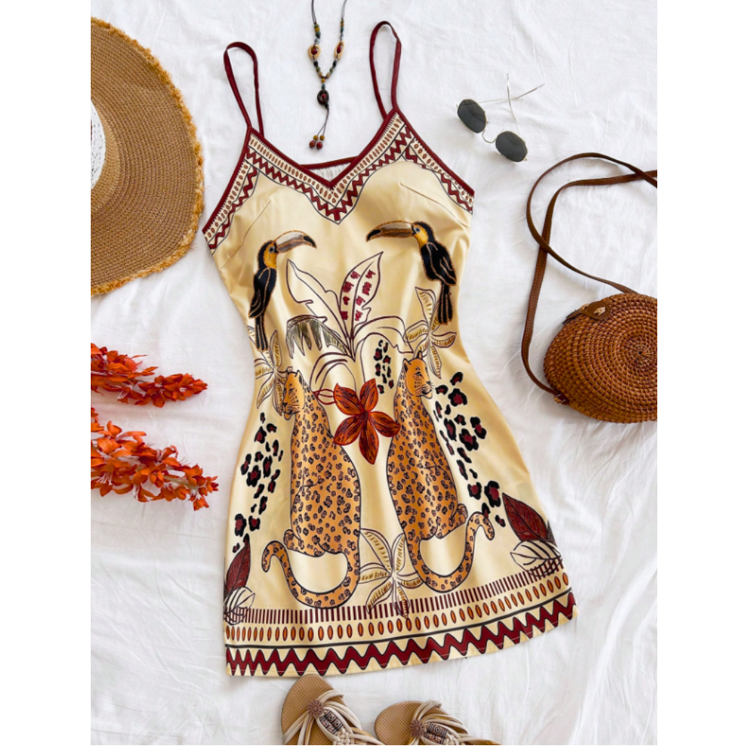 VESTIDO DE PLAYA CASUAL CORTO CON ESTAMPADO FLORAL BOHEMIO - 3