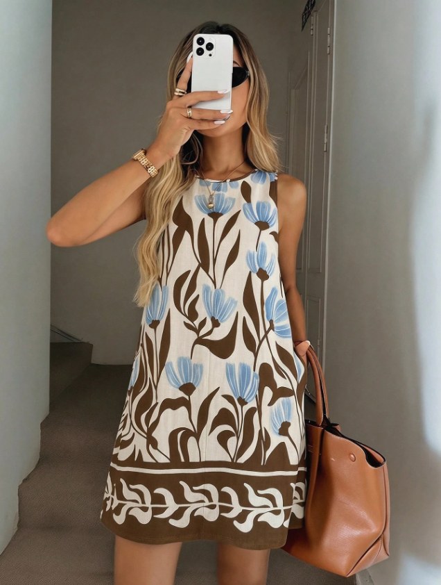 VESTIDO PLAYERO ESTILO BOHEMIO CON ESTAMPADO FLORAL, SIN MANGAS, CON CIERRE - 2