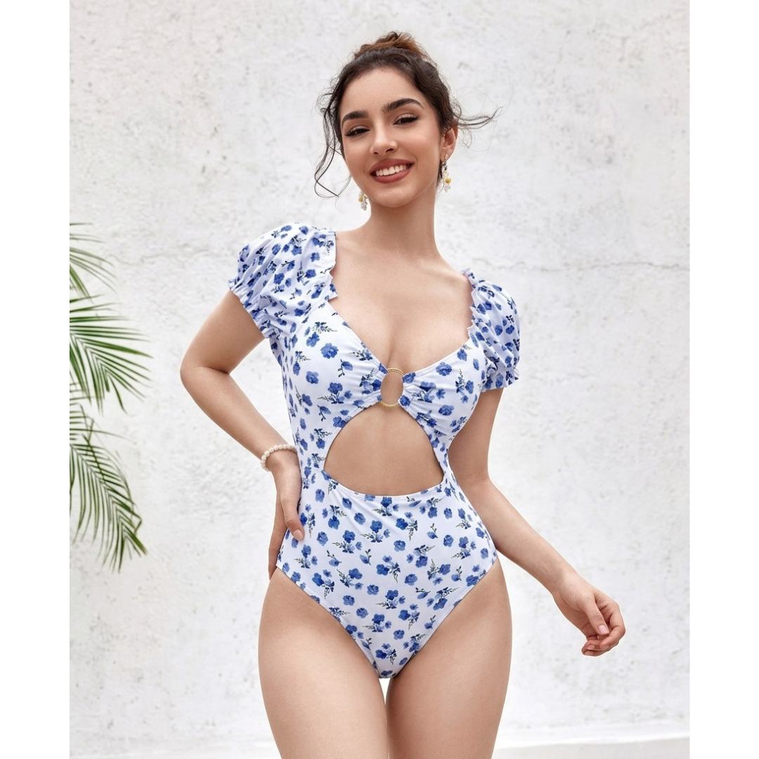 SEXY ENTERIZO FLORAL CORTE CUT OUT FRONTAL Y ARO METALICO - ESTILO COQUETTE - 1