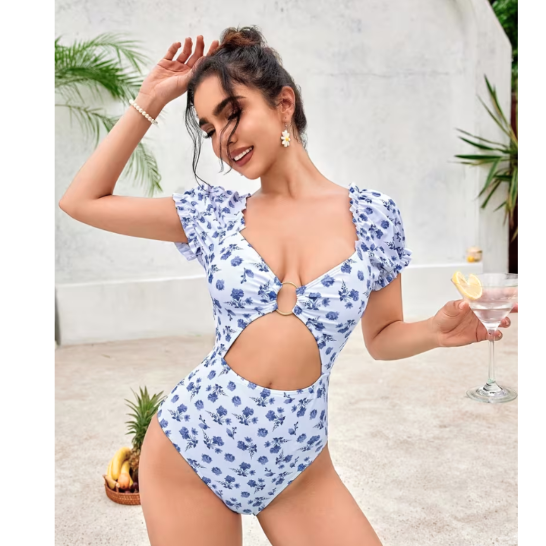 SEXY ENTERIZO FLORAL CORTE CUT OUT FRONTAL Y ARO METALICO - ESTILO COQUETTE - 2