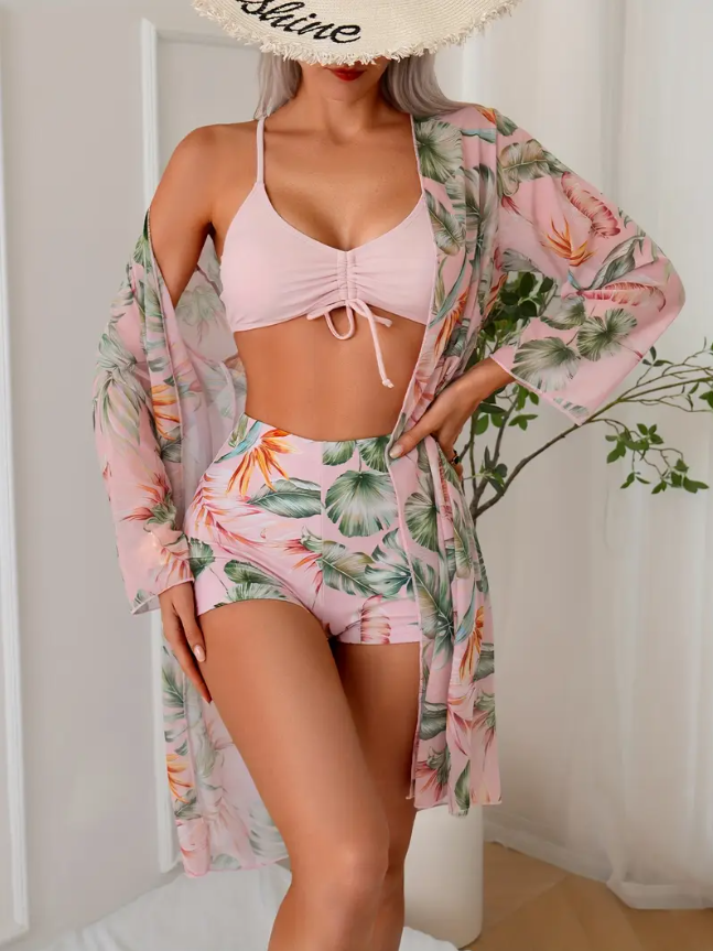 CONJUNTO PLAYERO DE 3 PIEZAS (TANKINI + KIMONO TROPICAL) CON COPAS REMOVIBLES - 2