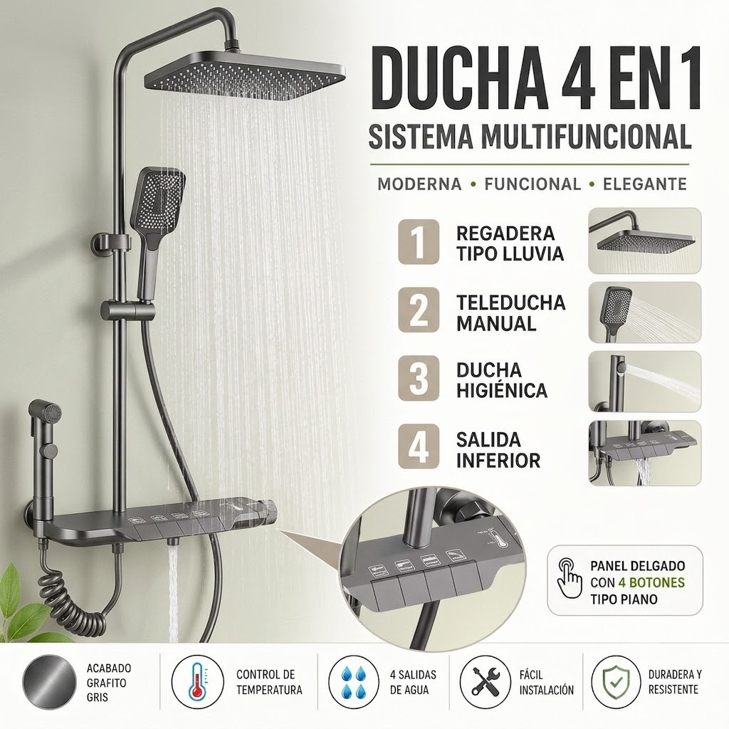 DUCHA TERMOSTÁTICA MULTIFUNCIONAL 4 EN 1 CON ROCIADOR SUPERIOR PALANCA REGULADORA Y DUCHA DE MANO COLOR GRAFITO - 1