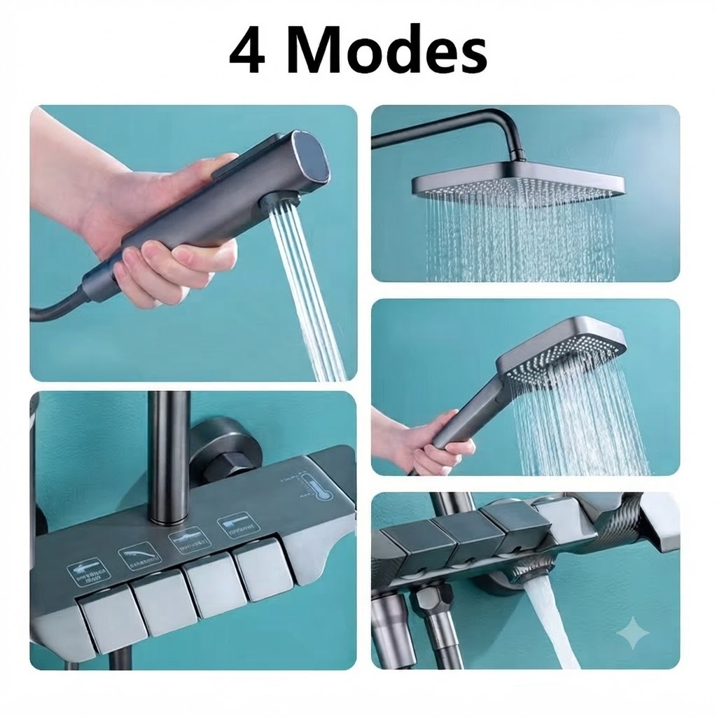 DUCHA TERMOSTÁTICA MULTIFUNCIONAL 4 EN 1 CON ROCIADOR SUPERIOR PALANCA REGULADORA Y DUCHA DE MANO COLOR GRAFITO - 4