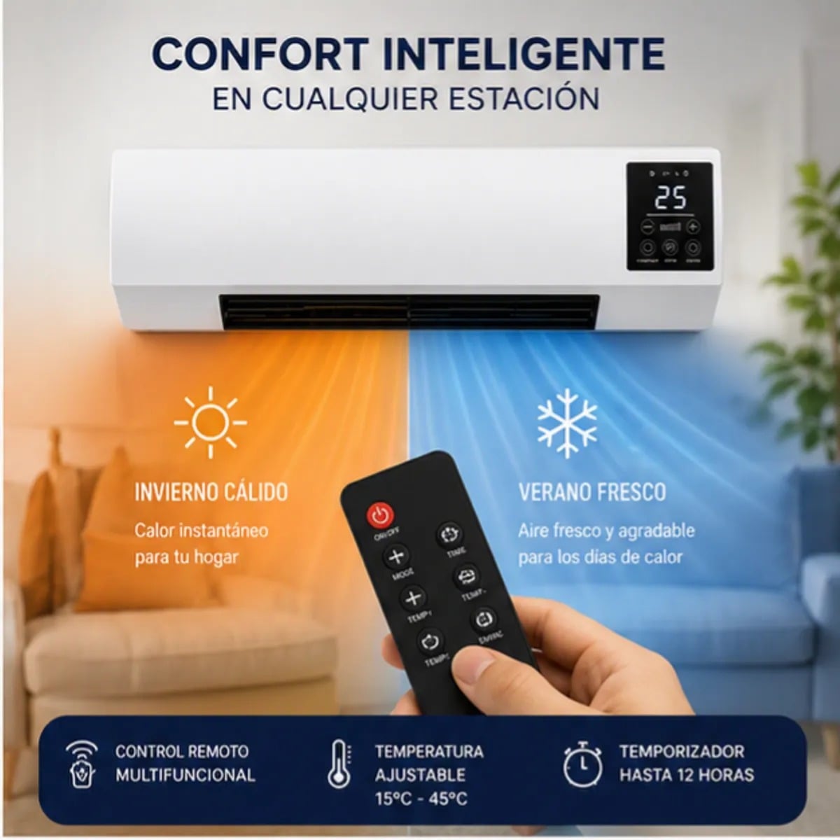 CALEFACTOR DE PARED 2 EN 1 CON VENTILACION Y CONTROL REMOTO – AIRE CALIENTE Y VENTILADOR - 1