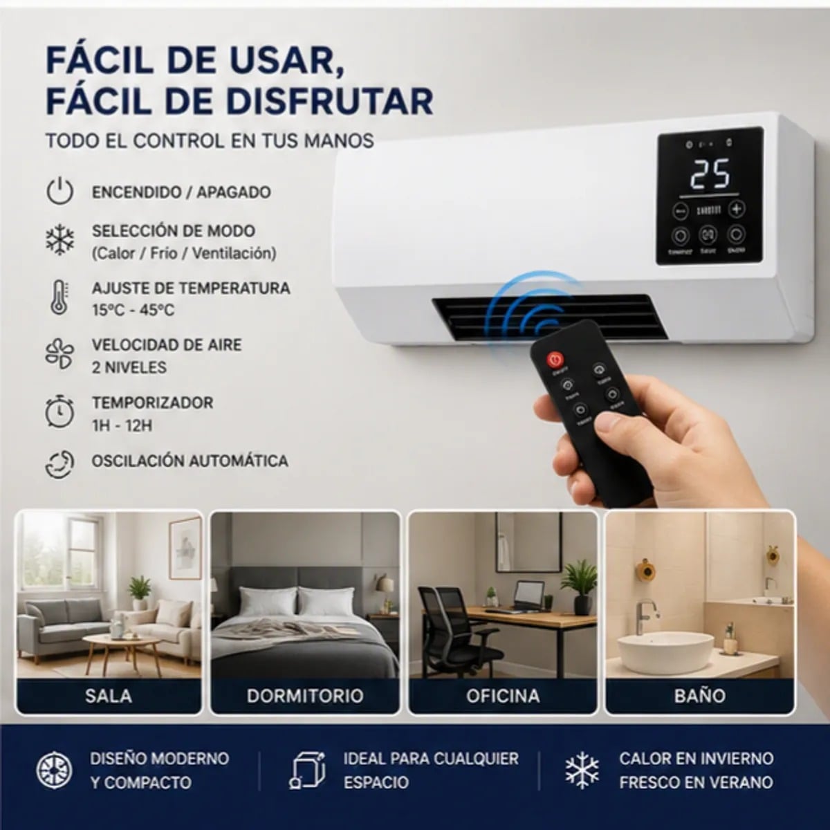 CALEFACTOR DE PARED 2 EN 1 CON VENTILACION Y CONTROL REMOTO – AIRE CALIENTE Y VENTILADOR - 4