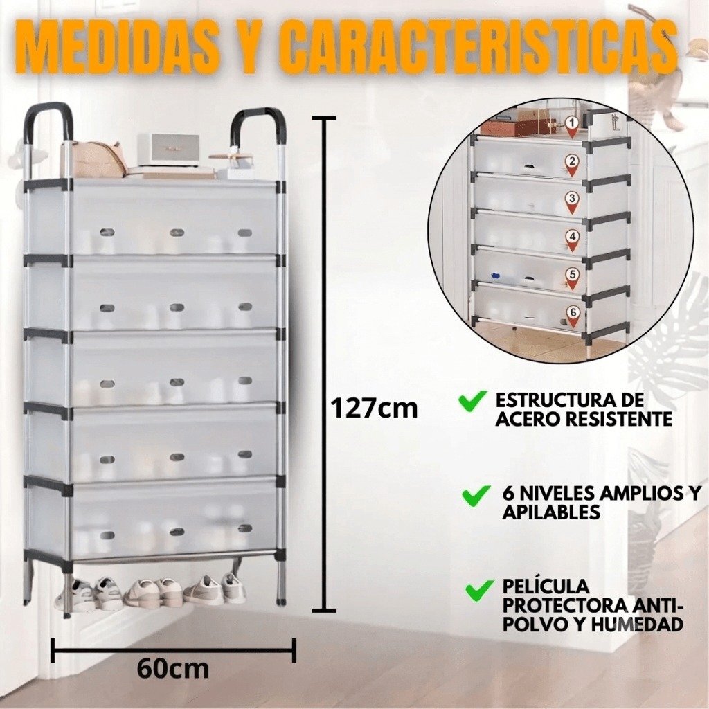 ORGANIZADOR DE CALZADO ARMABLE DE 6 NIVELES CON CUBIERTAS ANTIPOLVO - 63 X 28 X 140 CM - 2