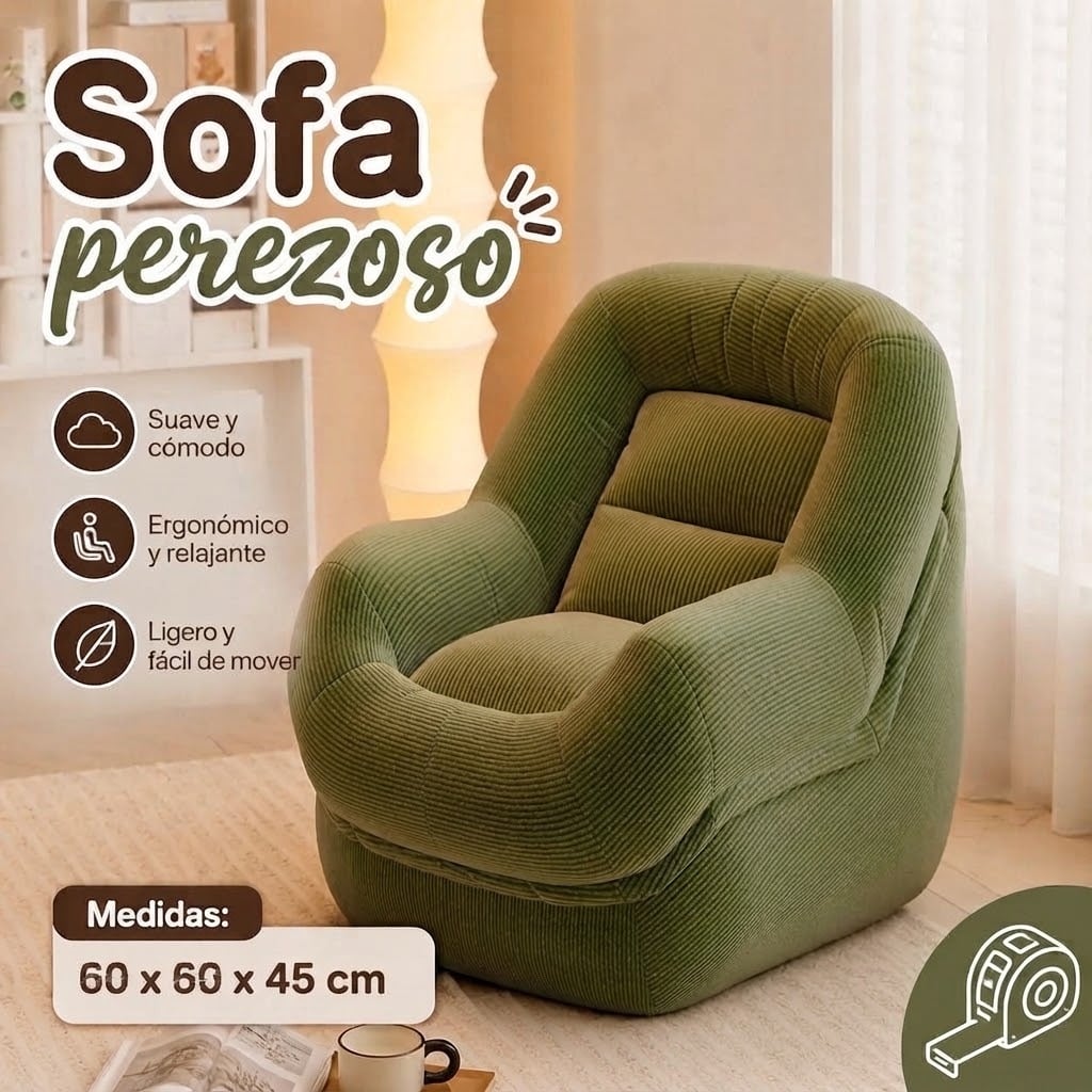 SOFÁ ERGONÓMICO SILLÓN PUFF TELA PANA PREMIUM RELLENO DE POLIESTIRENO LAVABLE RELLENABLE VERDE - 1
