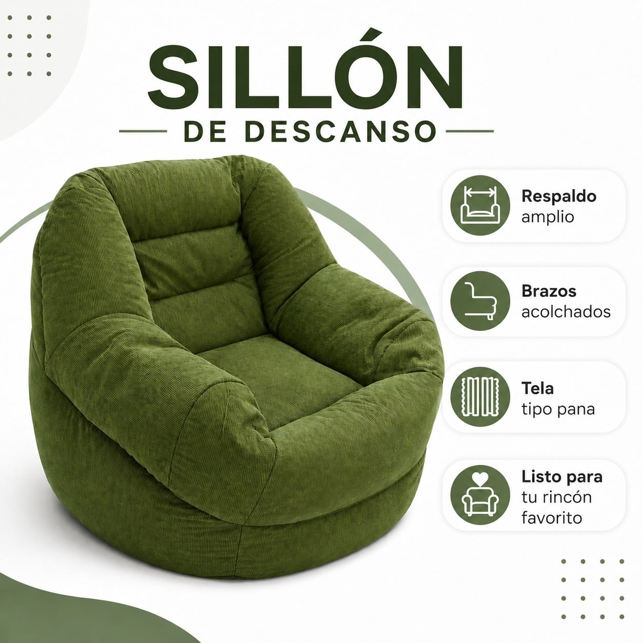 SOFÁ ERGONÓMICO SILLÓN PUFF TELA PANA PREMIUM RELLENO DE POLIESTIRENO LAVABLE RELLENABLE VERDE - 3