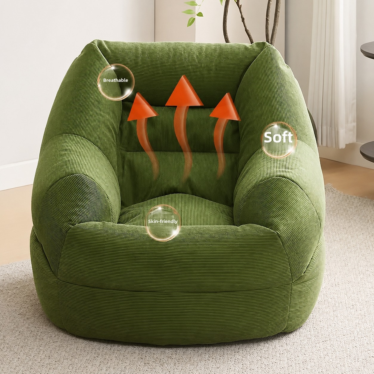 SOFÁ ERGONÓMICO SILLÓN PUFF TELA PANA PREMIUM RELLENO DE POLIESTIRENO LAVABLE RELLENABLE COLOR VERDE - 3