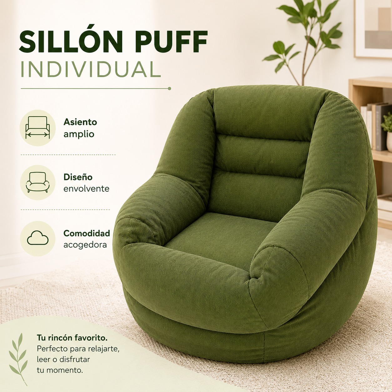 SOFÁ ERGONÓMICO SILLÓN PUFF TELA PANA PREMIUM RELLENO DE POLIESTIRENO LAVABLE RELLENABLE COLOR VERDE - 2