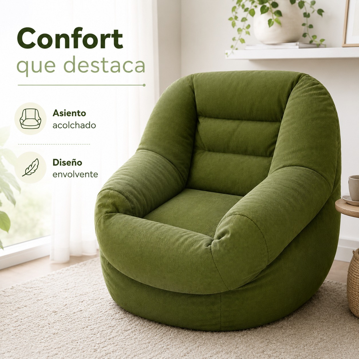 SOFÁ ERGONÓMICO SILLÓN PUFF TELA PANA PREMIUM RELLENO DE POLIESTIRENO LAVABLE RELLENABLE COLOR VERDE - 3