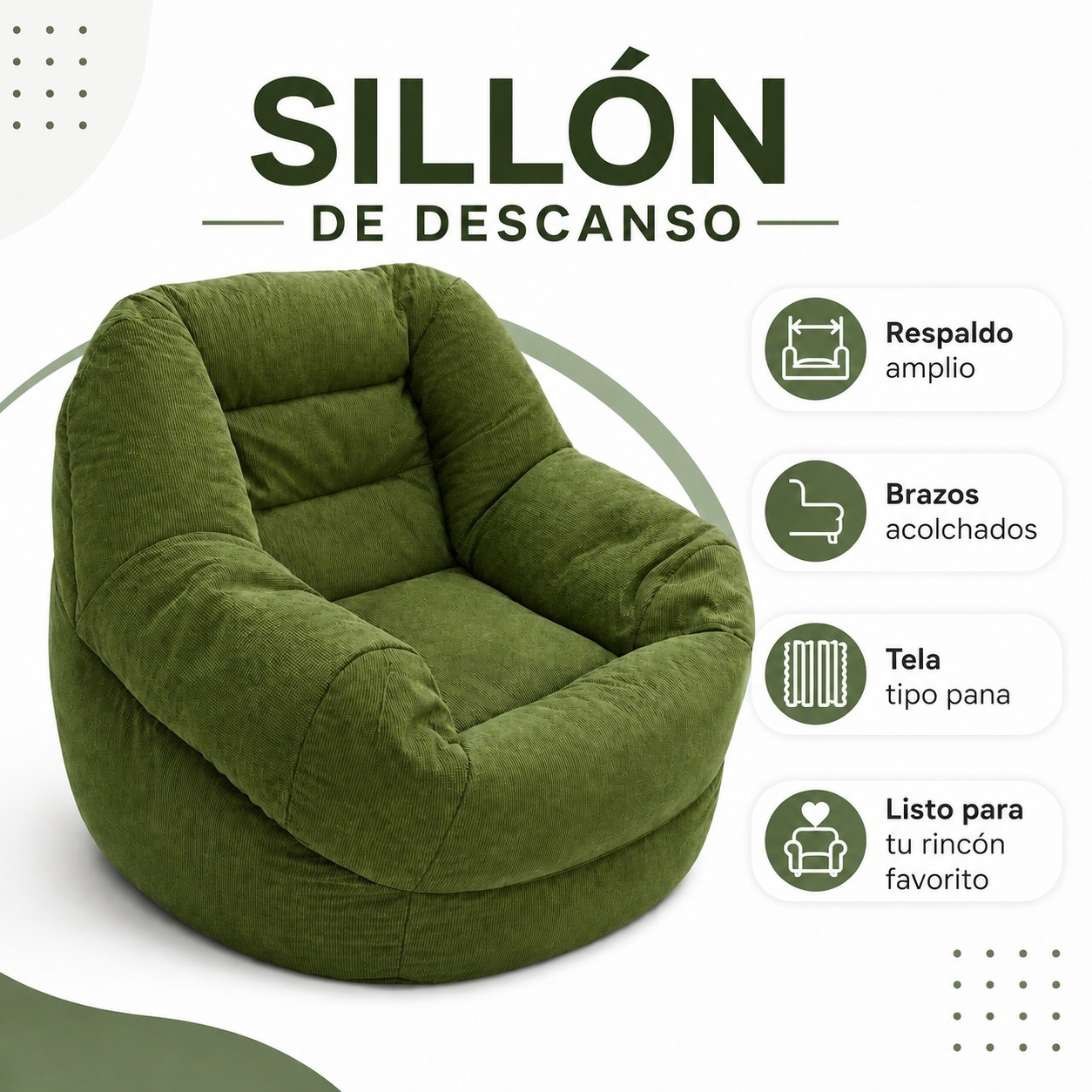 SOFÁ ERGONÓMICO SILLÓN PUFF TELA PANA PREMIUM RELLENO DE POLIESTIRENO LAVABLE RELLENABLE COLOR VERDE - 4