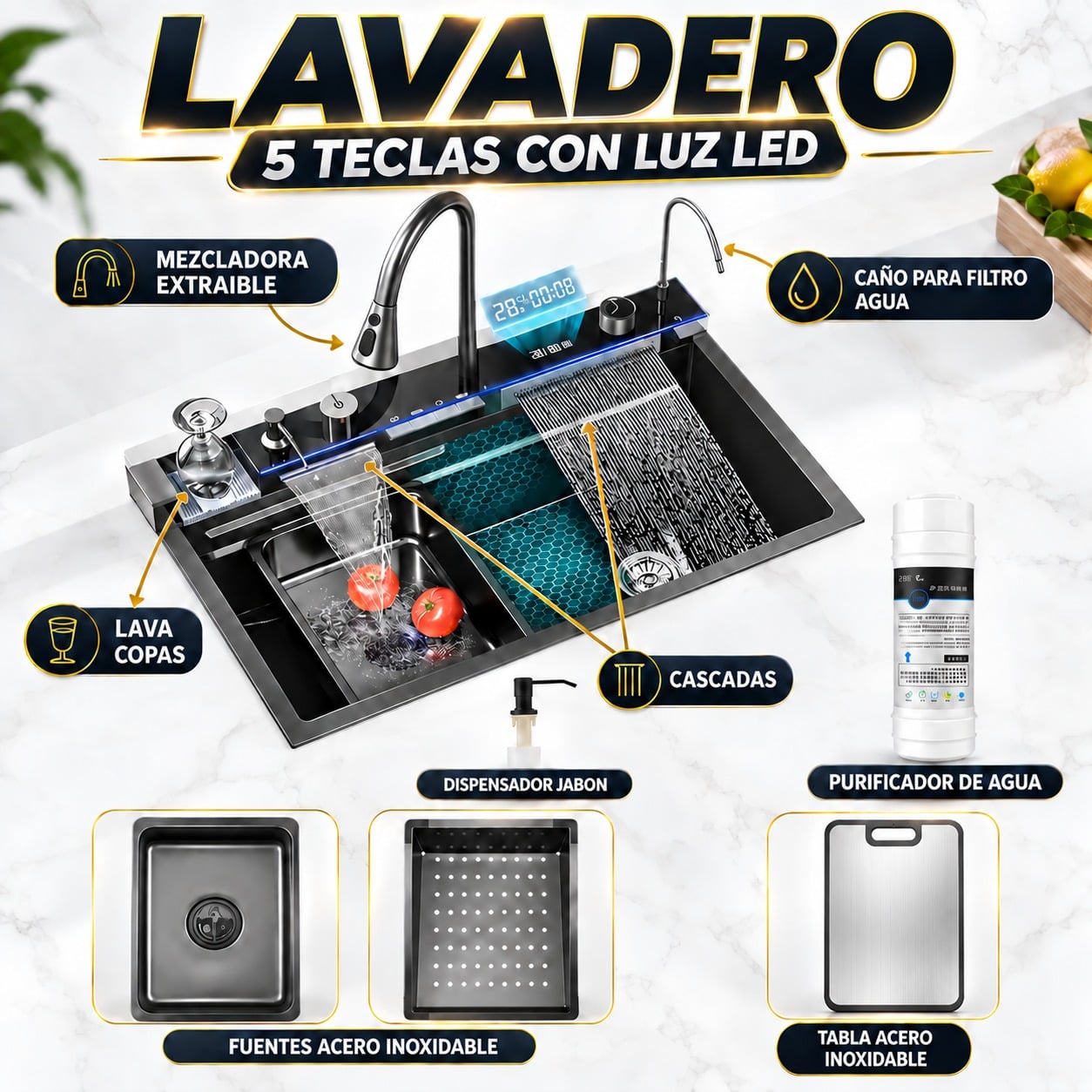 LAVADERO MULTIFUNCIONAL DE COCINA 7 EN 1 CON LUCES 5 TECLAS + MEZCLADORA CON TABLA DE ACERO - 1