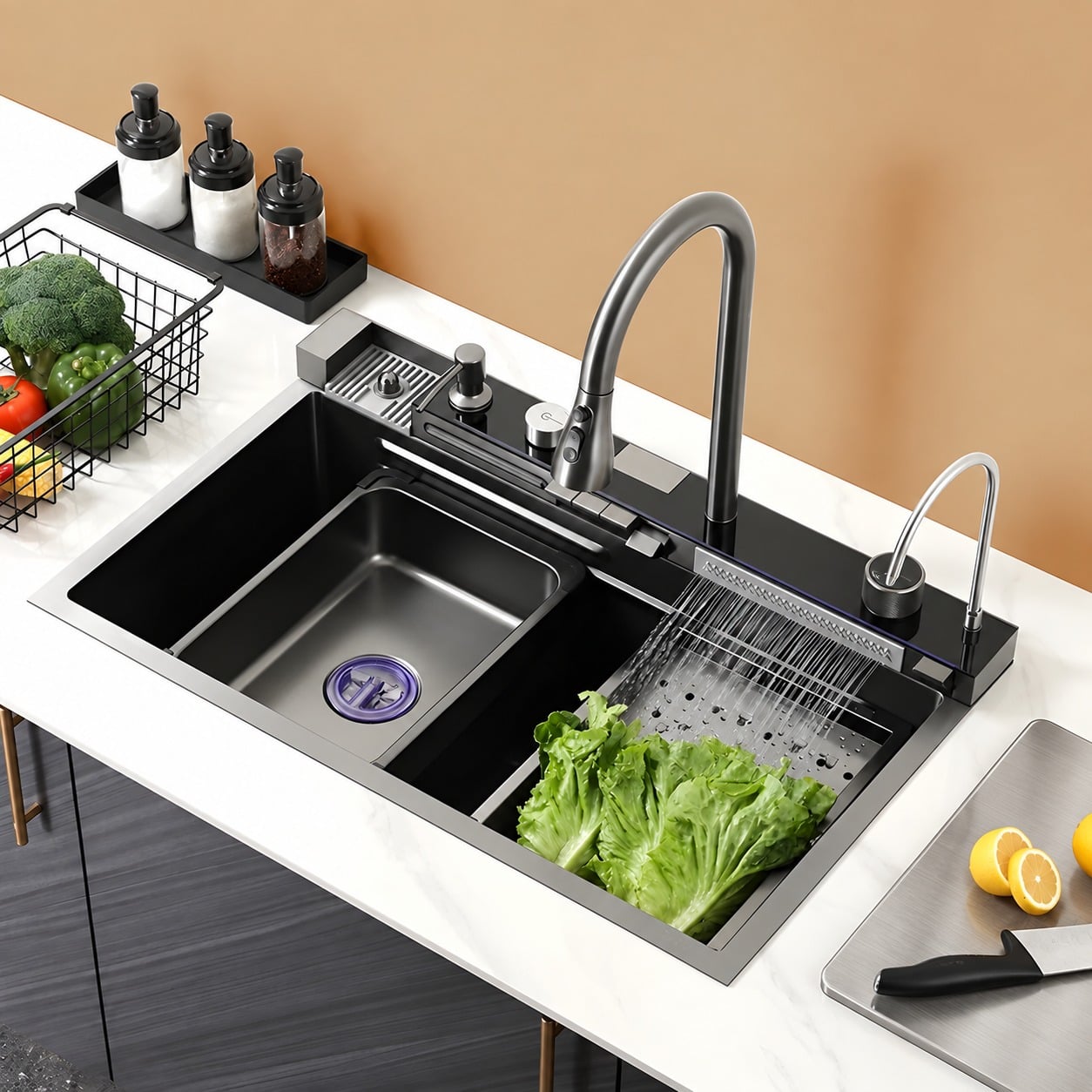 LAVADERO MULTIFUNCIONAL DE COCINA 7 EN 1 CON LUCES 5 TECLAS + MEZCLADORA CON TABLA DE ACERO - 3