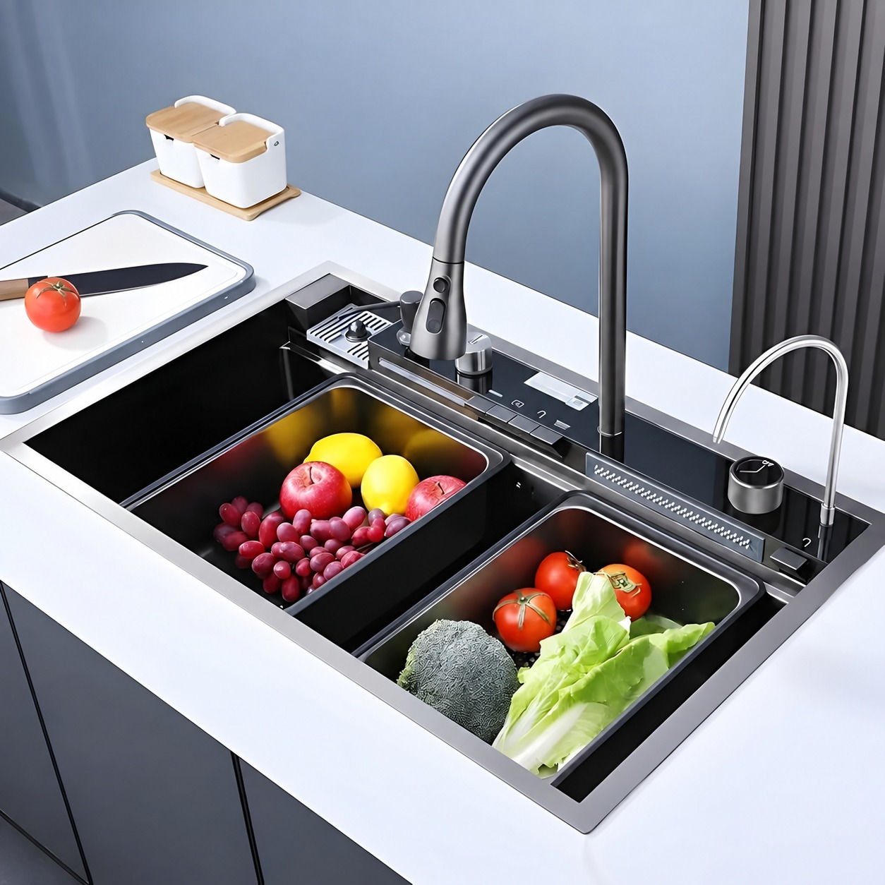 LAVADERO MULTIFUNCIONAL DE COCINA 7 EN 1 CON LUCES 5 TECLAS + MEZCLADORA CON TABLA DE ACERO - 5