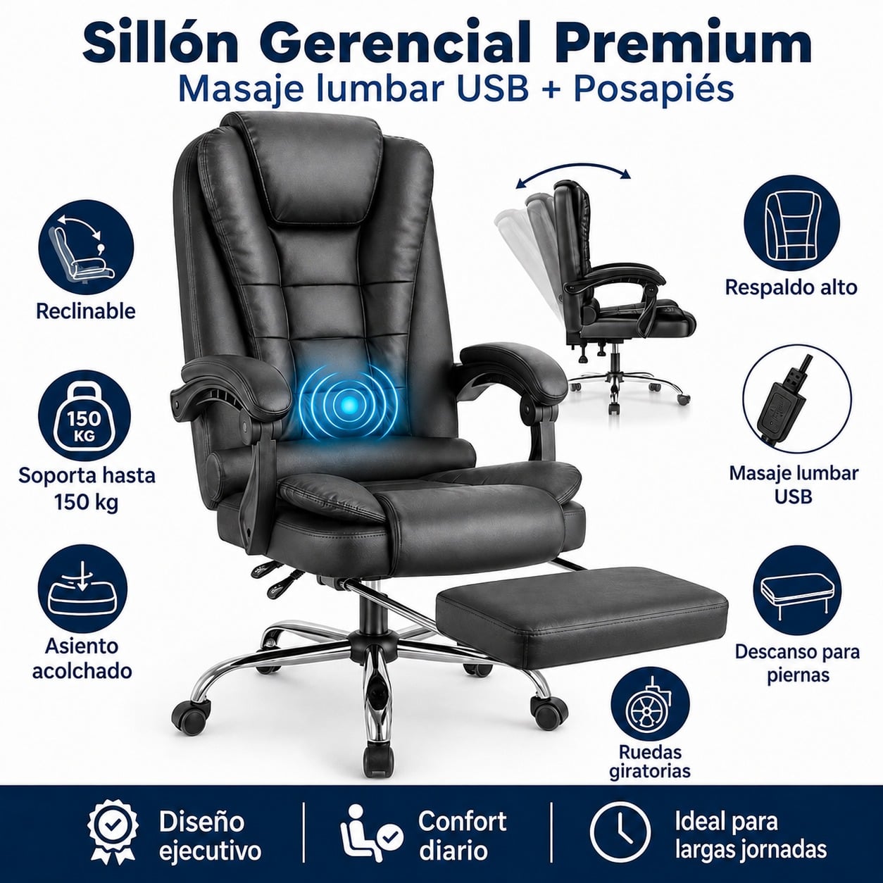 SILLON MASAJEADOR GERENCIAL CON VIBROMASAJES LUMBAR, RECLINABLE, ERGONOMICO CON REPOSAPIES BERLIN 707 - 2