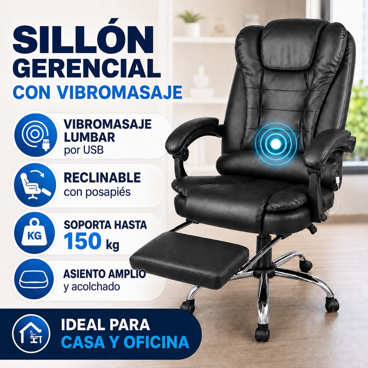 SILLON MASAJEADOR GERENCIAL CON VIBROMASAJES LUMBAR, RECLINABLE, ERGONOMICO CON REPOSAPIES BERLIN 707 - 1