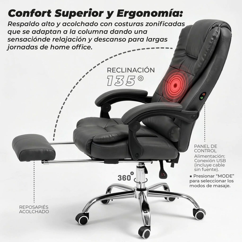 SILLON MASAJEADOR GERENCIAL CON VIBROMASAJES LUMBAR, RECLINABLE, ERGONOMICO CON REPOSAPIES BERLIN 707 - 5
