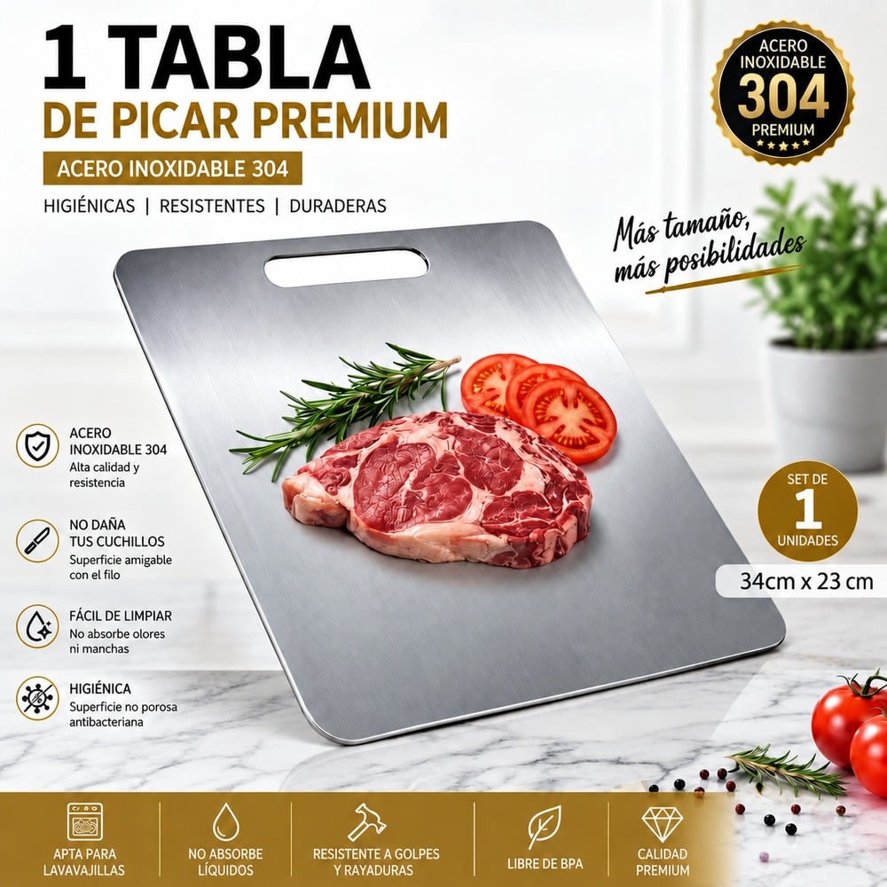 TABLA DE PICAR ACERO INOXIDABLE 34X23 CM DISEÑO PREMIUM - 1