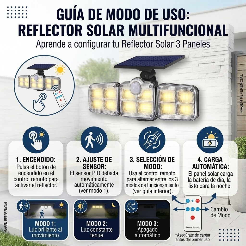 LAMPARA REFLECTOR PARA EXTERIORES TRIPLE CABEZAL PANEL SOLAR CON SENSOR DE MOVIMIENTO MOD FL1725A - 3