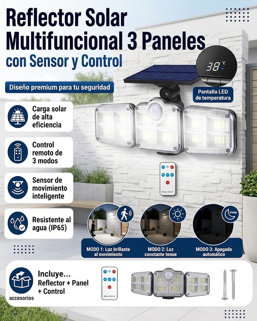 LAMPARA REFLECTOR PARA EXTERIORES TRIPLE CABEZAL PANEL SOLAR CON SENSOR DE MOVIMIENTO MOD FL1725A - 1