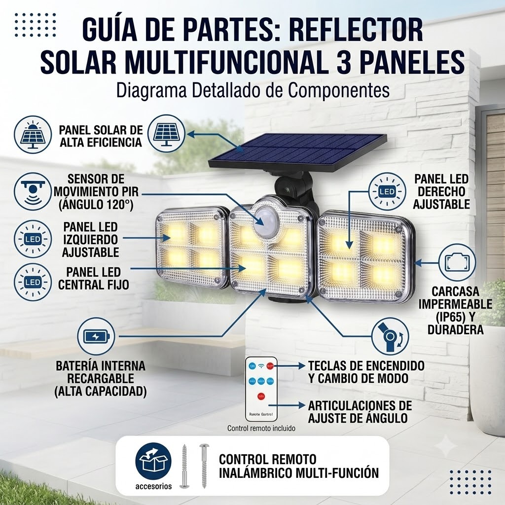 LAMPARA REFLECTOR PARA EXTERIORES TRIPLE CABEZAL PANEL SOLAR CON SENSOR DE MOVIMIENTO MOD FL1725A - 2