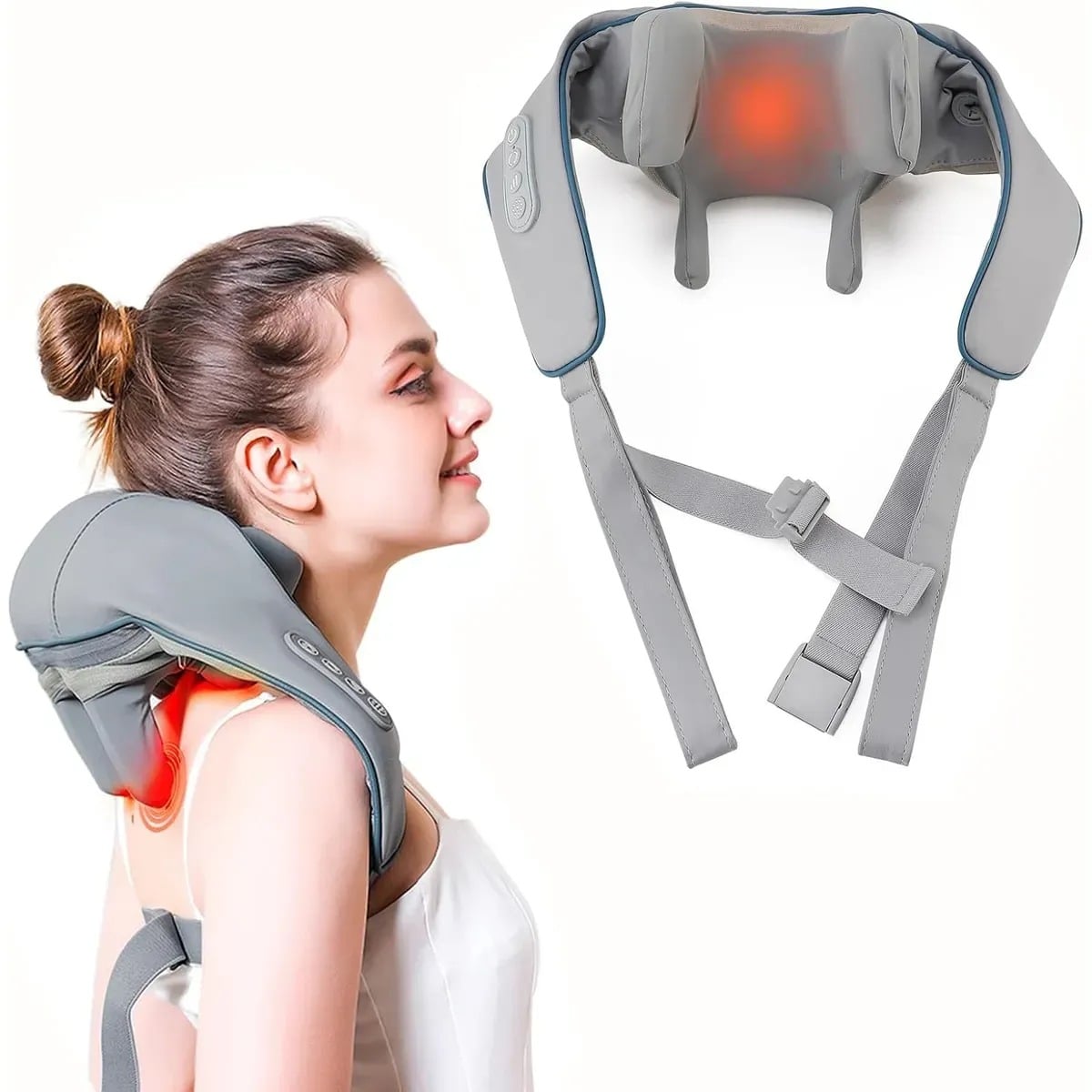 MASAJEADOR PORTATIL DE CUELLO, HOMBROS, ESPALDA Y CUERPO CON CORREAS AJUSTABLES COLOR GRIS - 1
