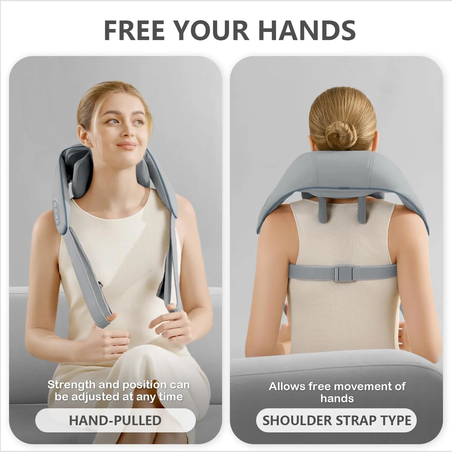 MASAJEADOR PORTATIL DE CUELLO, HOMBROS, ESPALDA Y CUERPO CON CORREAS AJUSTABLES COLOR GRIS - 4
