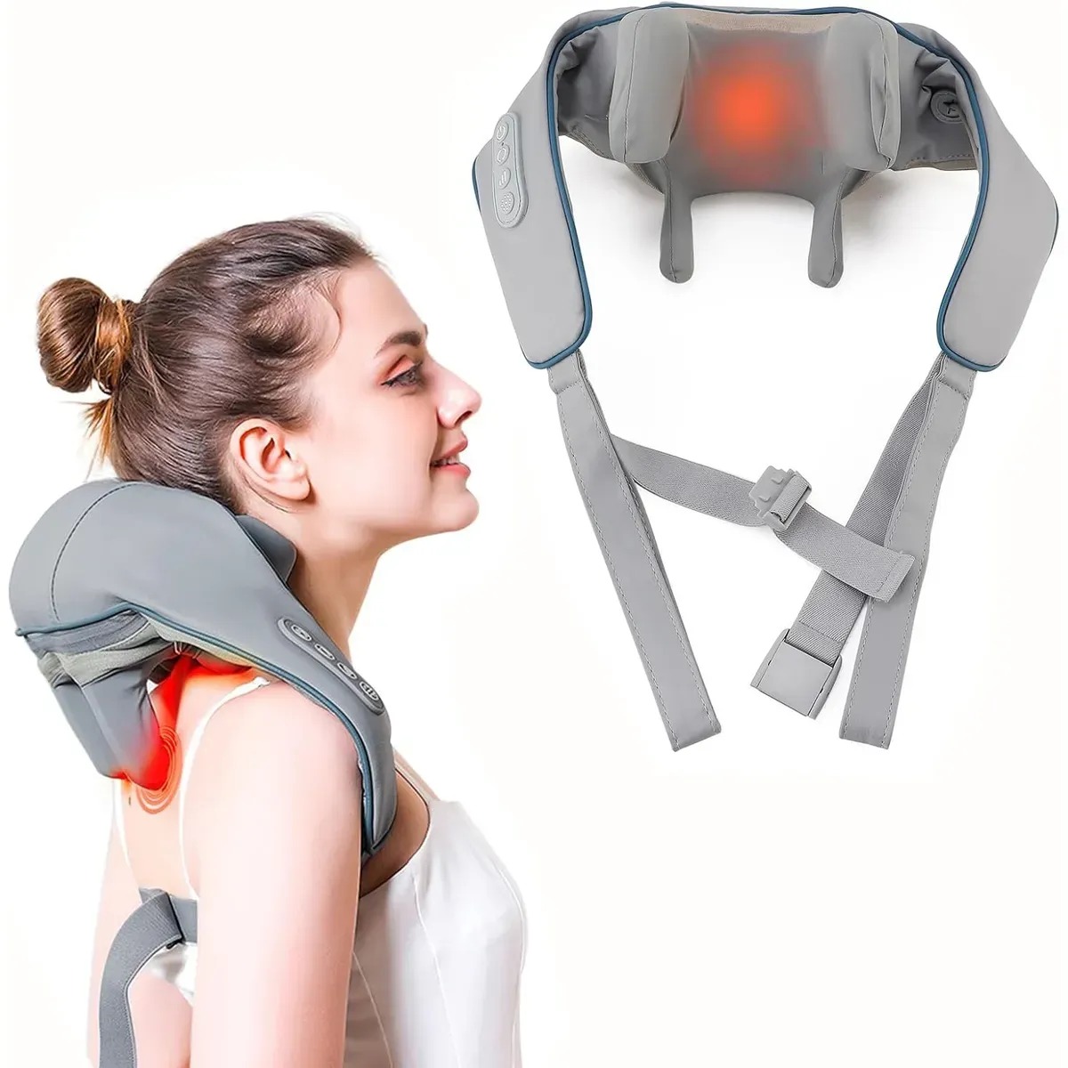 MASAJEADOR PORTATIL DE CUELLO, HOMBROS, ESPALDA Y CUERPO CON CORREAS AJUSTABLES COLOR GRIS - 1